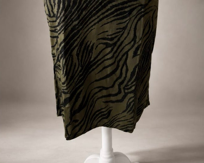 Khaki Zebra Print Midi Skirt