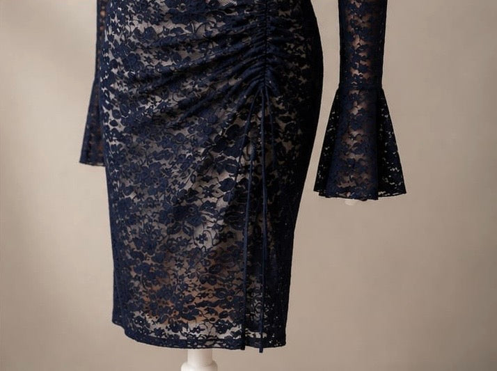 Midnight Lace Ruched Midi Dress