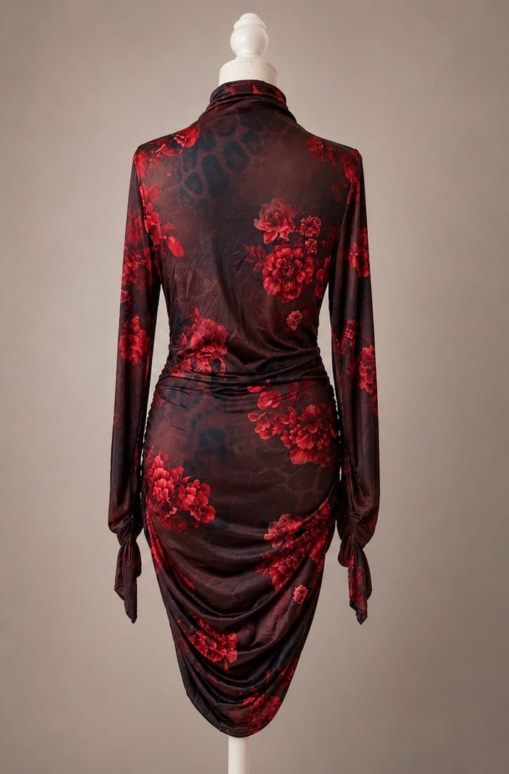 Multi Print Slinky Ruched High Neck Dress