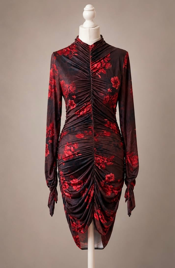 Multi Print Slinky Ruched High Neck Dress