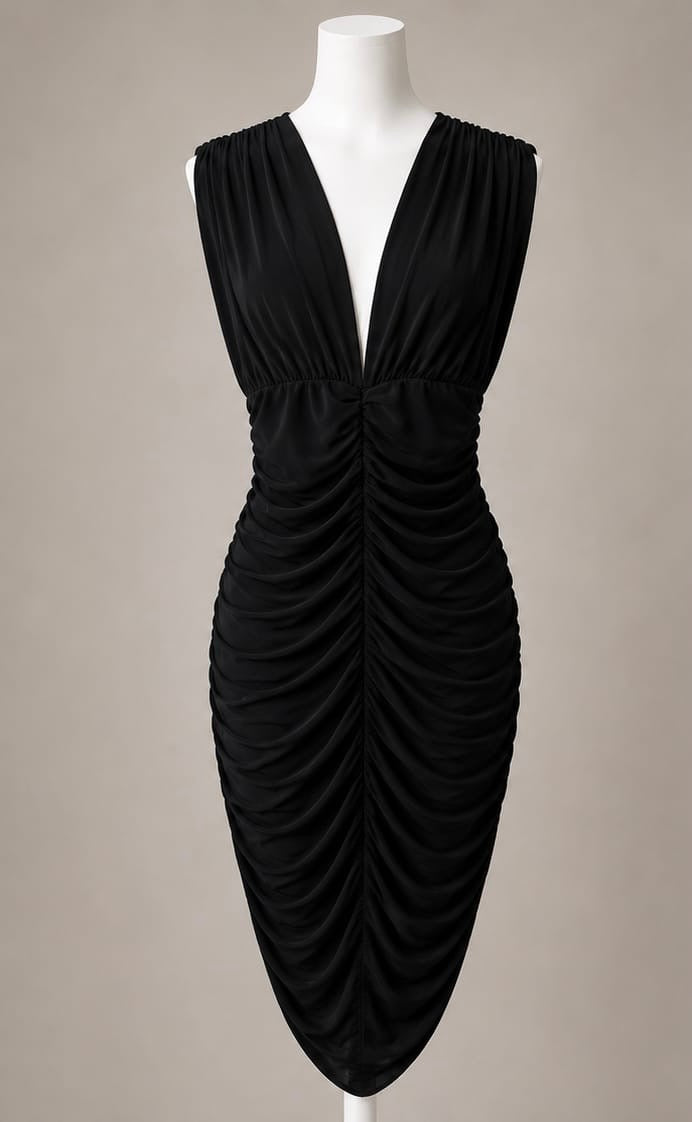 Midnight Plunge Ruched Midi Dres