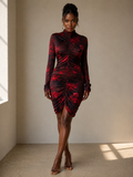 Multi Print Slinky Ruched High Neck Dress