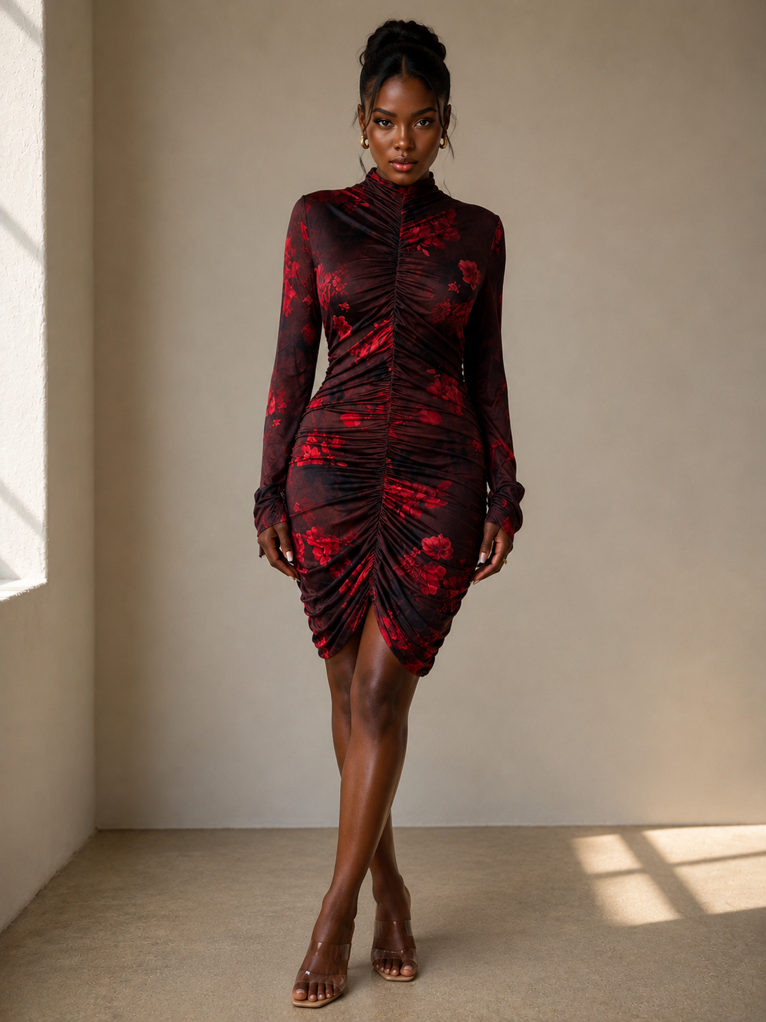 Multi Print Slinky Ruched High Neck Dress