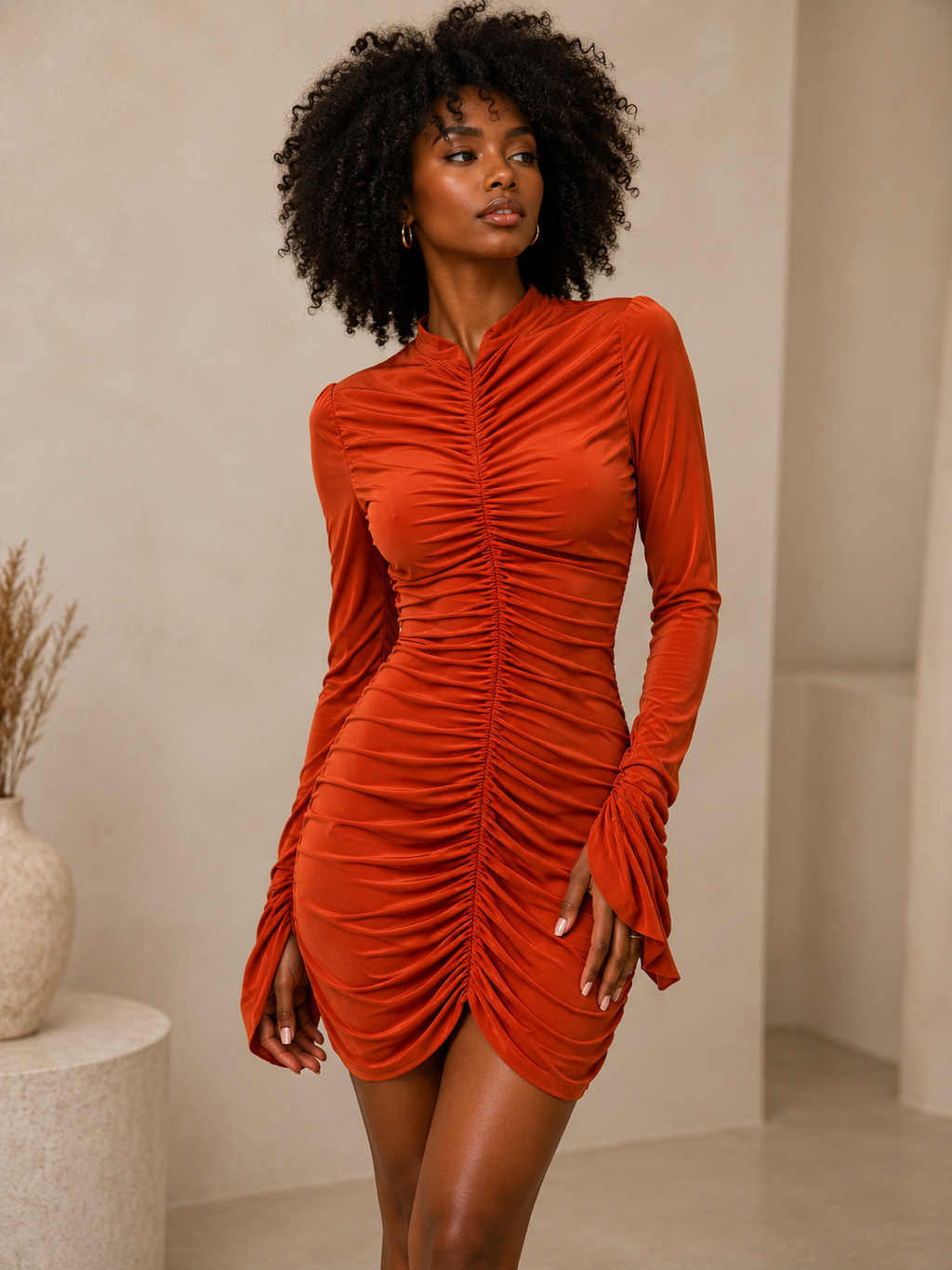 Rust Ruched High Neck Bodycon Dress