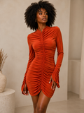 Rust Ruched High Neck Bodycon Dress
