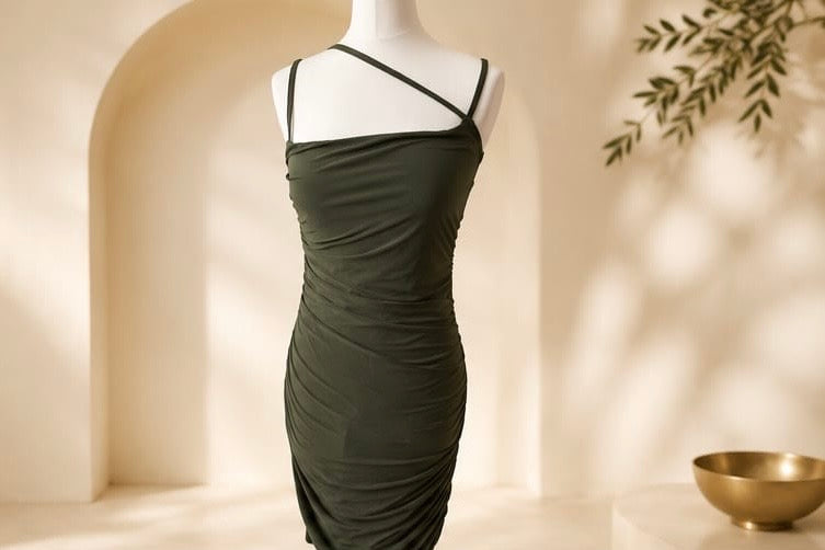 Olive Ruched Midi Dress
