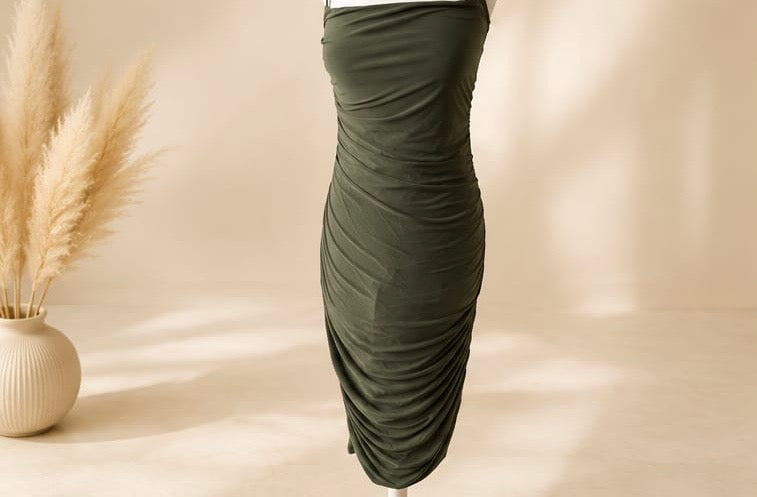 Olive Ruched Midi Dress