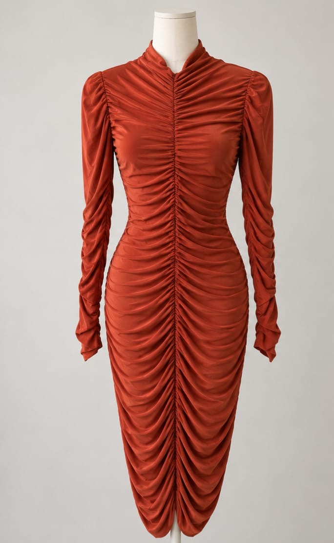 Rust Ruched High Neck Bodycon Dress