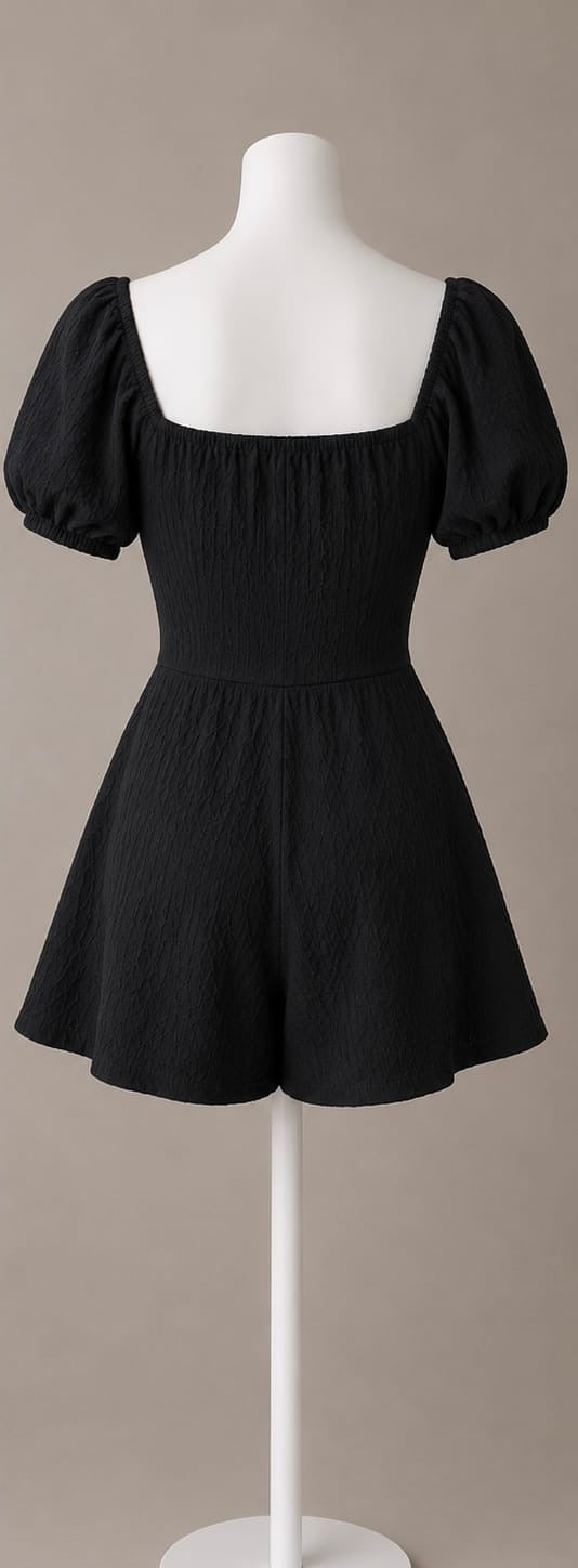 Black Textured Puff Sleeve Playsuit
