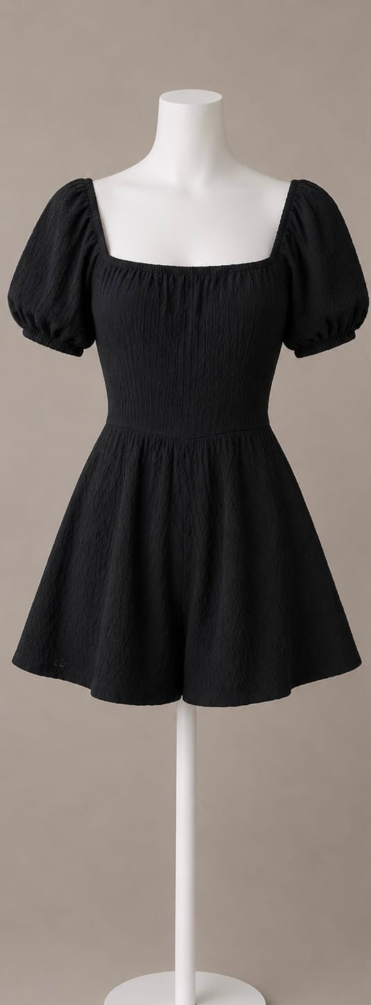 Black Textured Puff Sleeve Playsuit