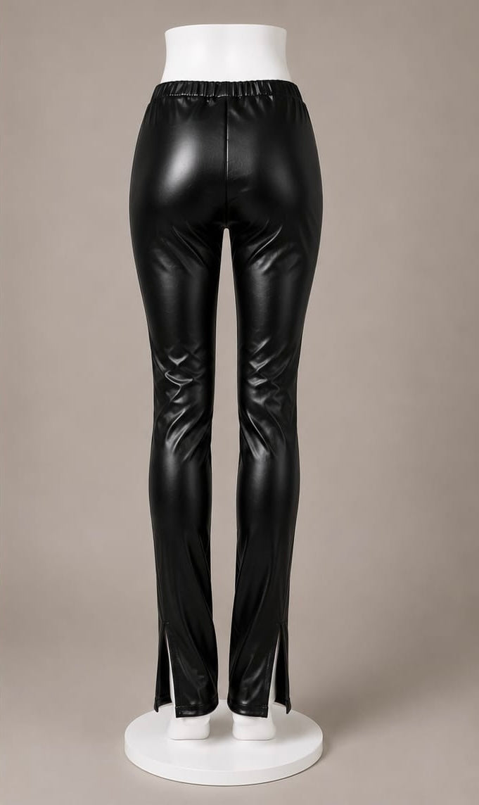Black PU split hem leggings