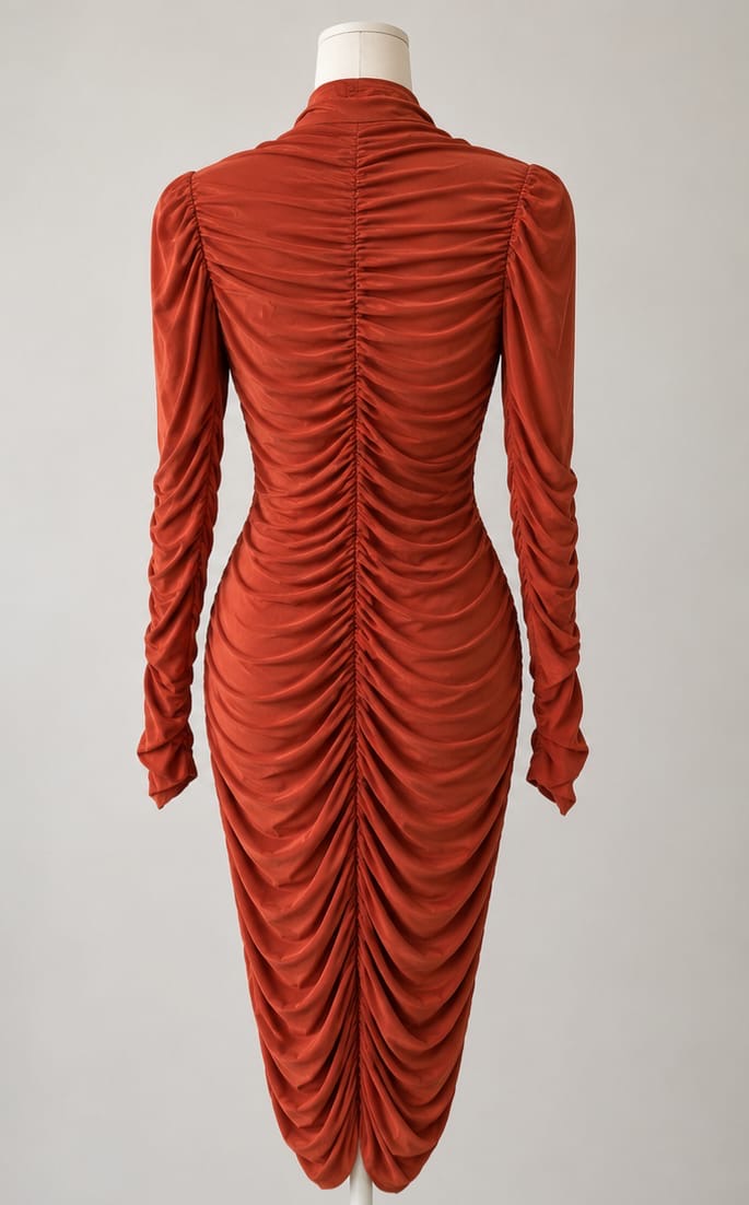 Rust Ruched High Neck Bodycon Dress