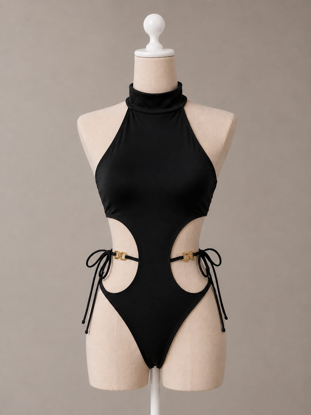 Black Slinky Cut-Out Gold Detail High Neck Bodysuit